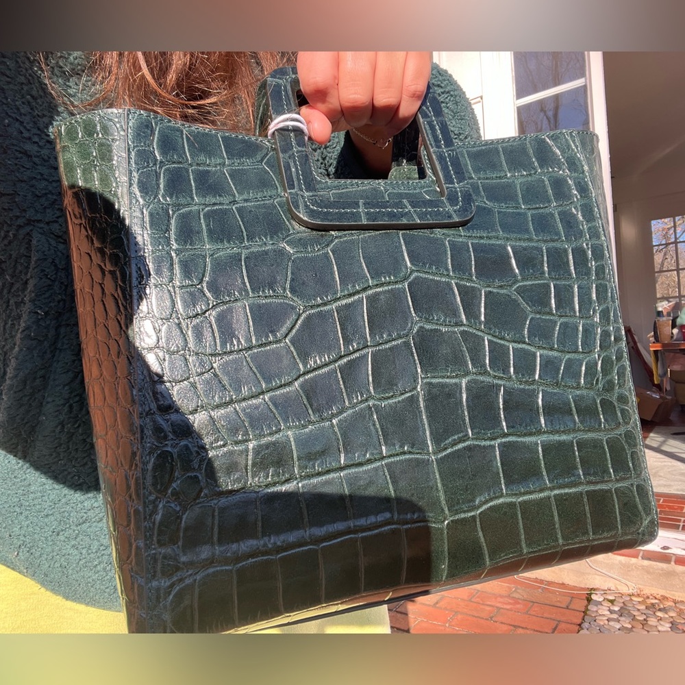 STAUD Croc-Embossed Teal Green Leather Tote with Adjustable Strap - Picture 10 of 12